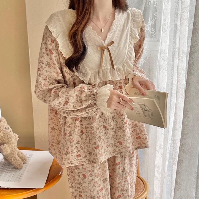 韩版甜美蕾丝碎花纱布薄款花边睡衣女秋冬季长袖居服两件套装春