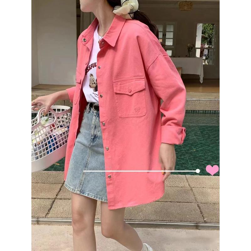 玫红色牛仔衬衫女中长款春秋新款宽松设计感长袖衬衣百搭