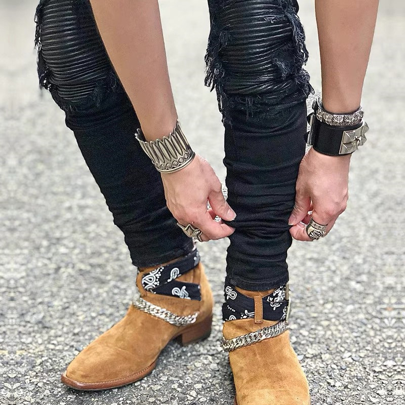 夏季欧美链条CHELSEA BOOT切尔西靴男真皮尖头马丁靴男英伦风潮流