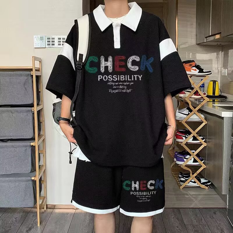 华夫格t恤男夏季套装潮牌宽松运动短袖短裤搭配一套帅气学生衣服