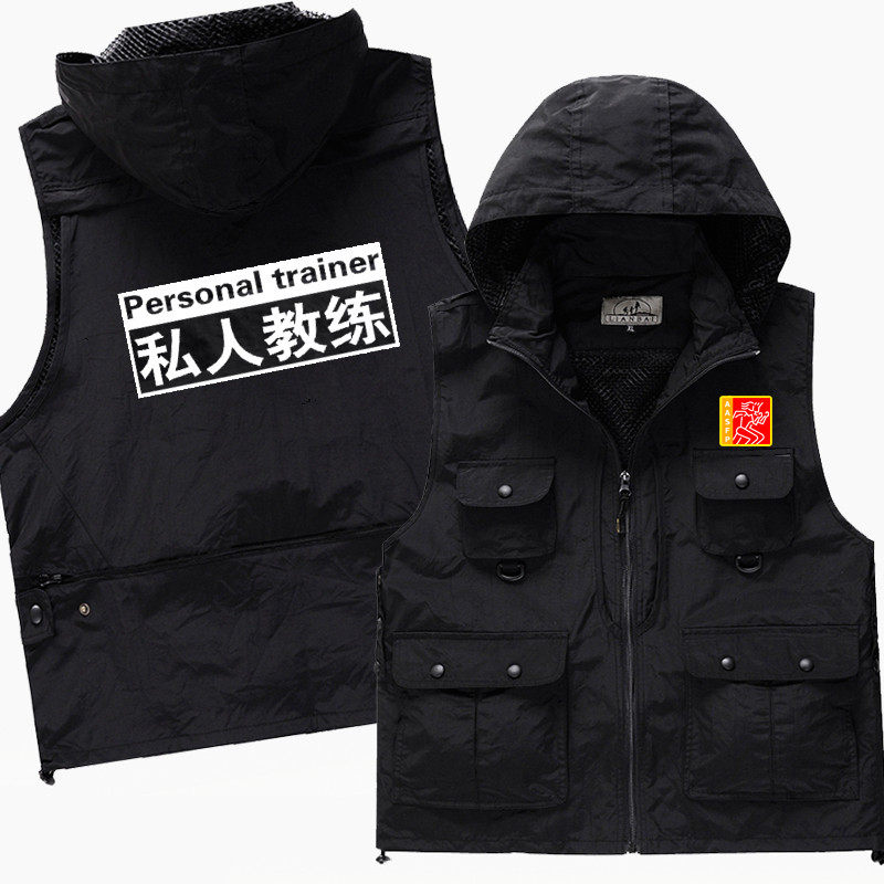 私人健身教练服多口袋摄影马甲春秋款连帽马夹潮坎肩