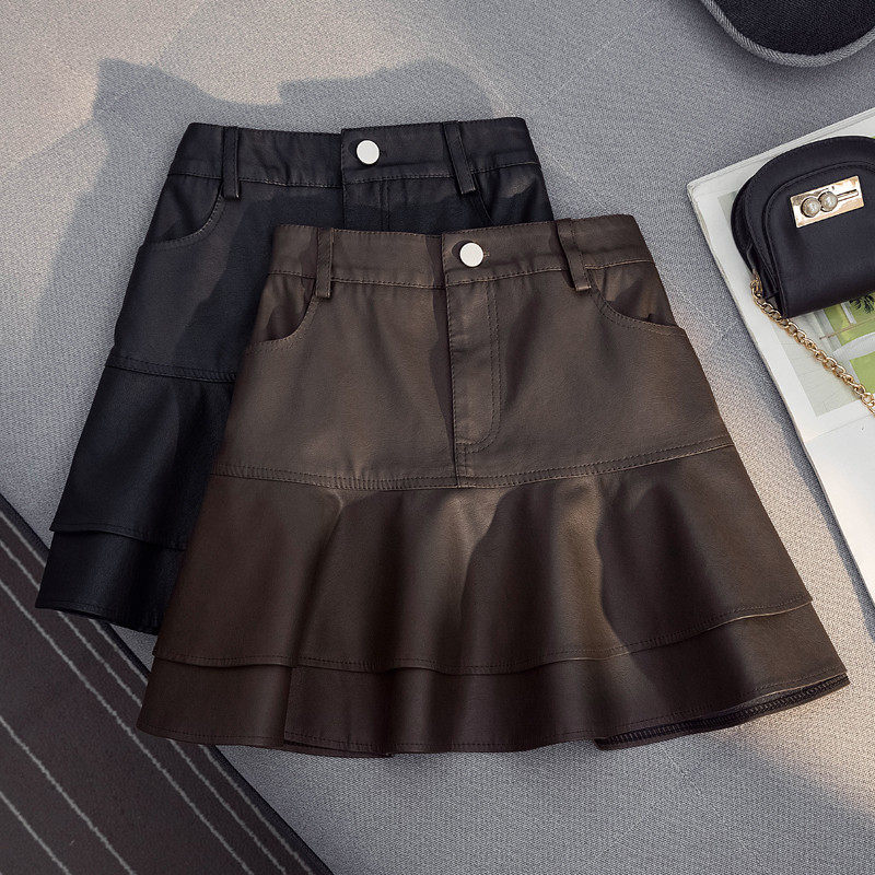 小皮裙女2024秋冬新款韩版气质百搭显瘦荷叶边A字包臀,女装/女士精品,半身裙,淘宝优惠券,粉丝福利购,淘宝优惠卷