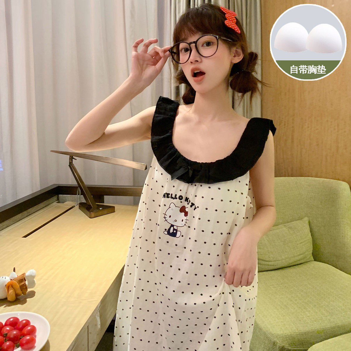 新品带胸垫睡裙女款夏纯棉棉纱可爱少女中长款夏天全棉吊带睡衣家