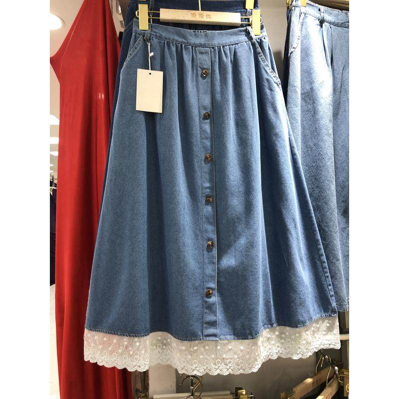 夏季森系小清新蕾丝拼接牛仔单排扣口袋显瘦百搭A字裙,女装/女士精品,半身裙,淘宝优惠券,粉丝福利购,淘宝优惠卷
