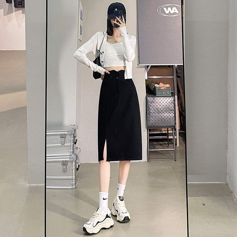 开叉牛仔女夏季薄款2025年新款显瘦a字包臀中长款