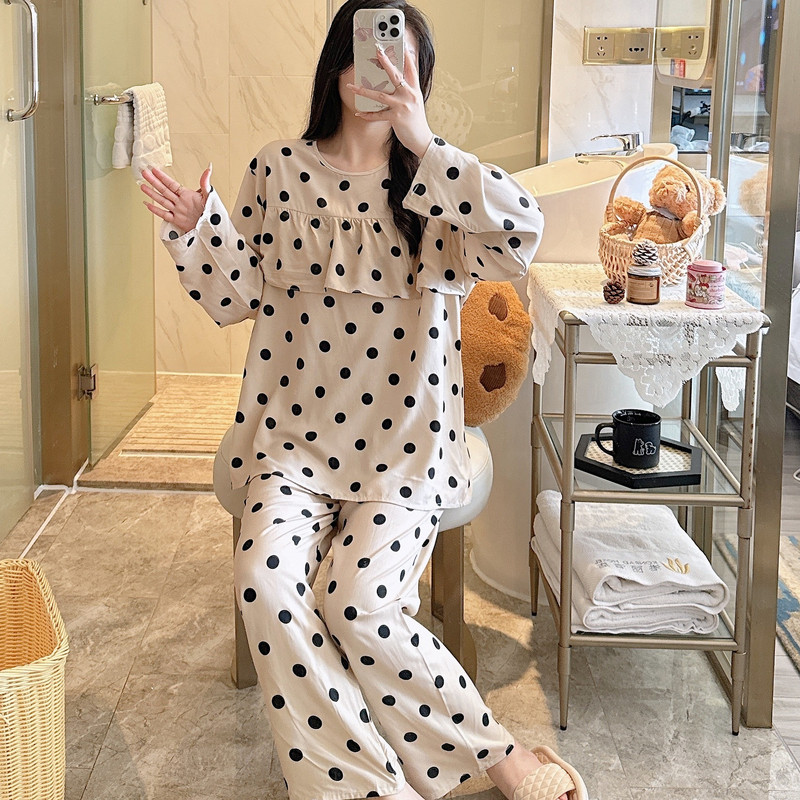 新品防凸点棉绸睡衣女春秋妈妈夏薄长袖人造棉家居服绵绸套装大码