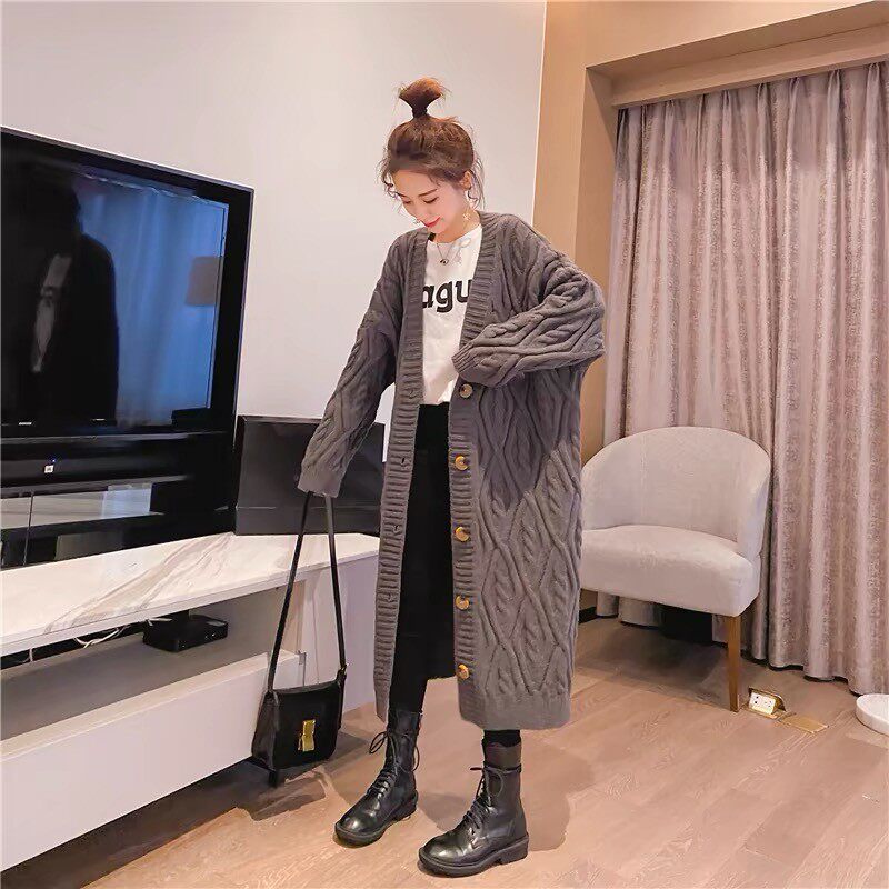 大码长款麻花毛衣开衫女秋冬季胖mm300斤宽松加厚外穿衫