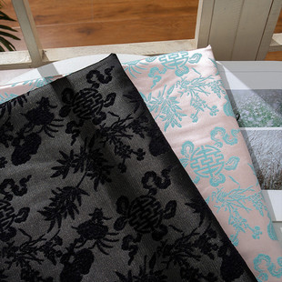 中国传统古典石榴喜字仿漳绒缎布料旗袍汉服私人提花面料