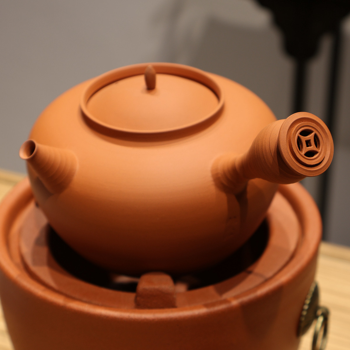 铜钱欢铃砂铫壶潮州手拉茶壶全手工红泥侧把壶粗陶壶烧水壶原矿