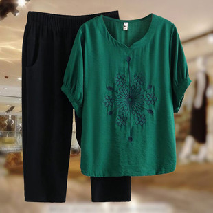 胖妈妈夏季竹节两件套加肥大码婆婆奶奶洋气套装七分裤女