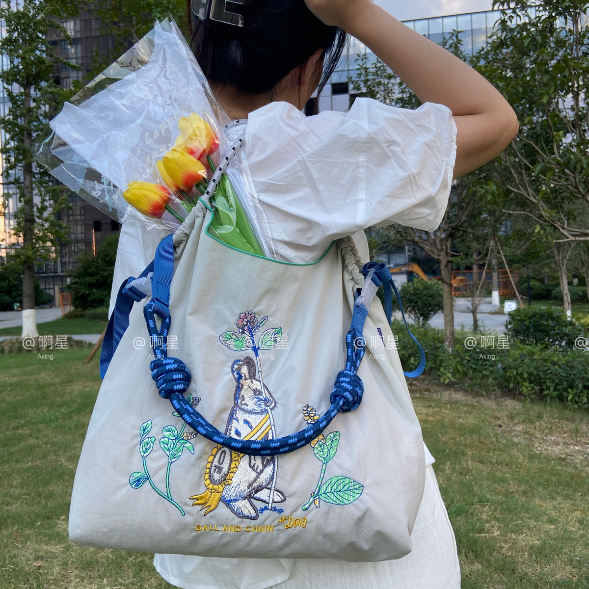 新品【中包大包】圆圆同款刺绣购物袋尼龙防水可折叠手提单肩斜挎