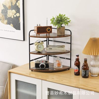 铁木结合置物架厨房台面拐角架调料架扇形三层整理架实木储物架