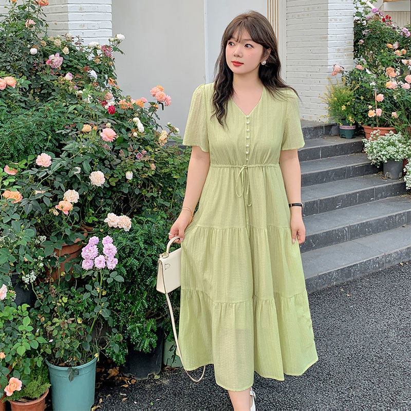 绿色2025夏季新款220斤胖mm加大码法式气质显瘦V领蛋糕,女装/女士精品,连衣裙,淘宝优惠券,粉丝福利购,淘宝优惠卷