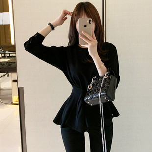 收腰女衬衫设计感春秋季黑色系带通勤裙摆长袖衬衣