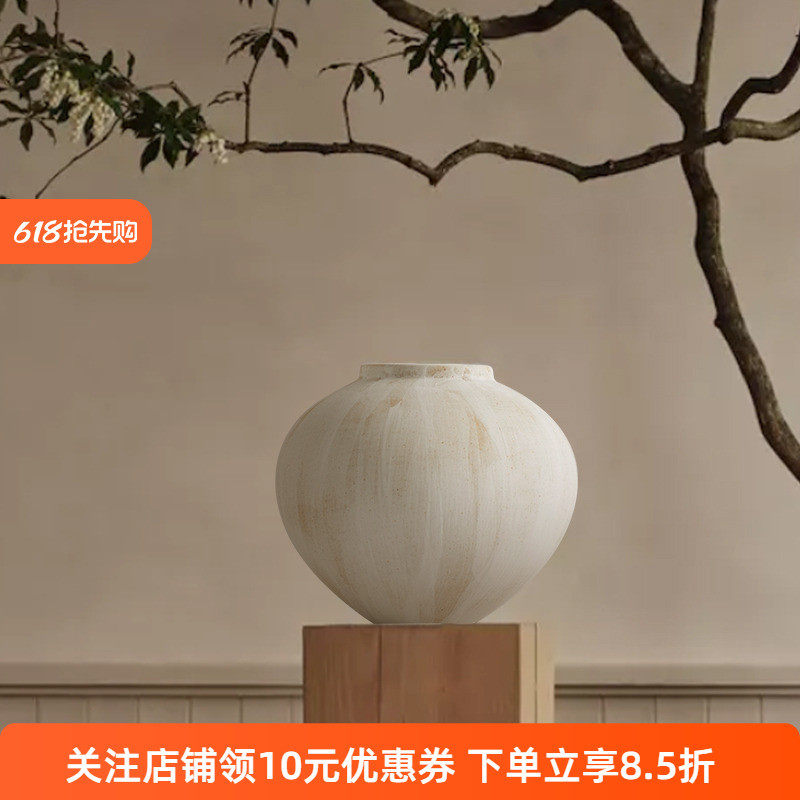 法式中古手工白色陶瓷陶罐侘寂风大花瓶花器高级感摆件大肚圆