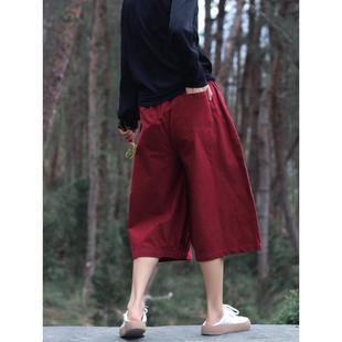 2024春夏季新品小众八分阔腿裤女小个子裙裤宽松亚麻七分裤