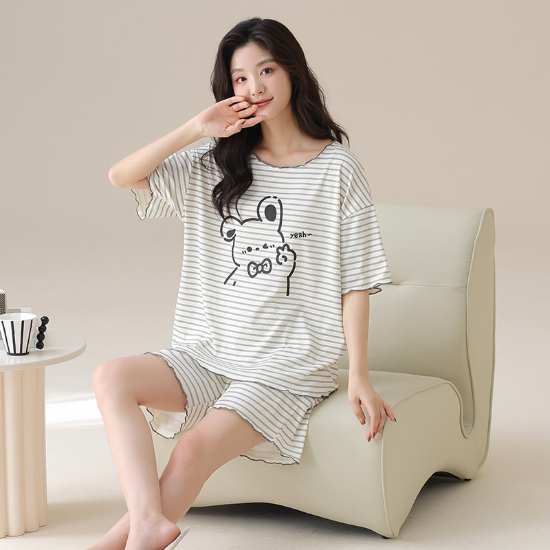 极速夏季短袖条纹睡衣套装冰丝家居服薄款大码可外穿夏天韩版宽松