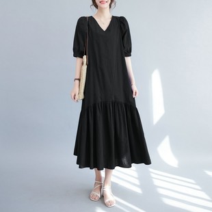 折扣新款韩版大码宽松显瘦子中长款泡泡袖过膝糖果色