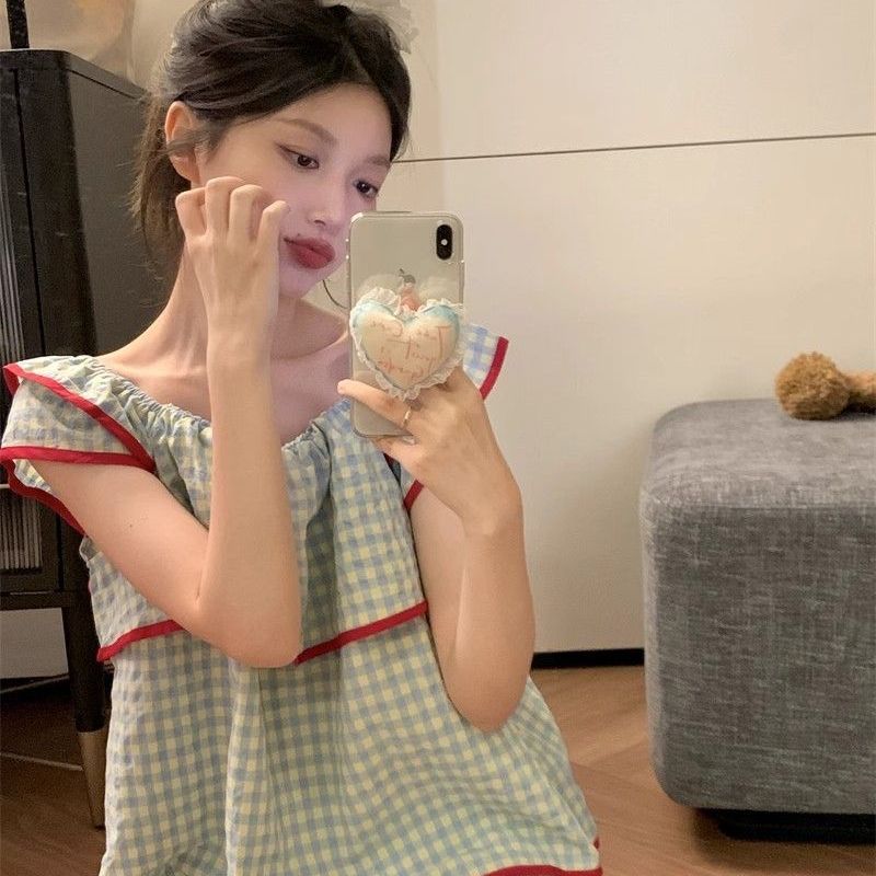 新品纯棉睡衣女夏季吊带薄款甜美公主风可爱格子大码家居服套装可