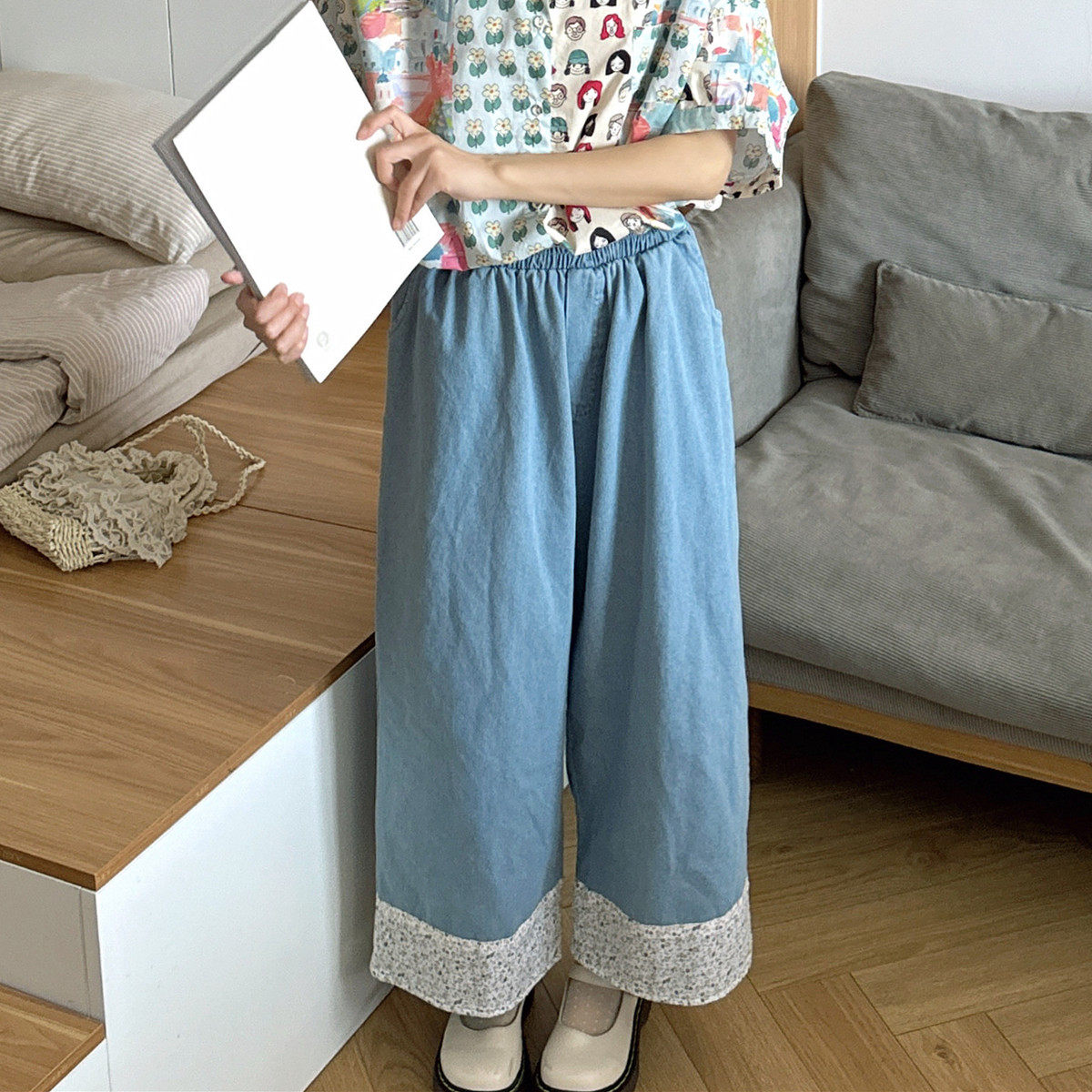 夏季少女碎花水洗牛仔浅蓝色阔腿裤松紧腰直筒裤九分少女