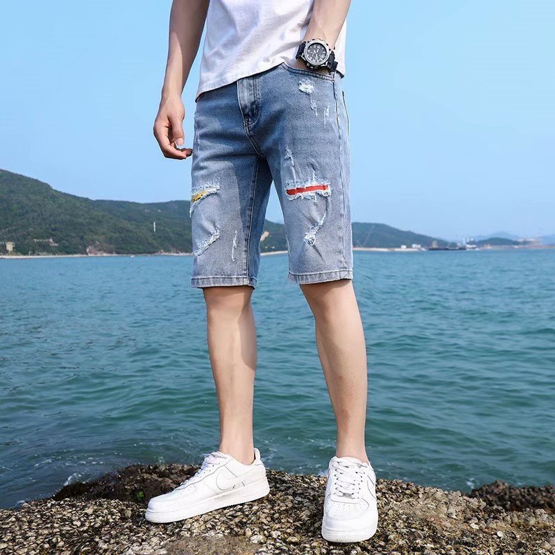 潮牌牛仔短裤男夏季薄款五分宽松直筒韩版潮流男士休闲破洞中裤潮