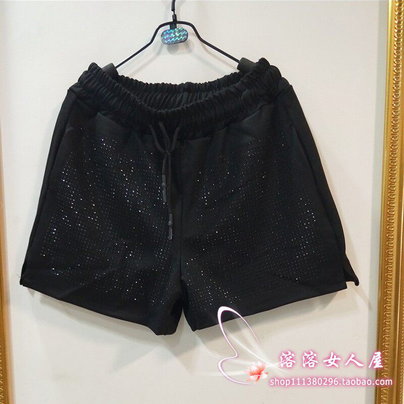 女春夏春秋新款松紧腰加大码烫钻亮钻阔腿裤宽松显瘦黑色裤头