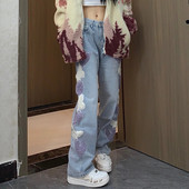 胖mm大码 美式 女爱心字母刺绣宽松显瘦直筒阔腿