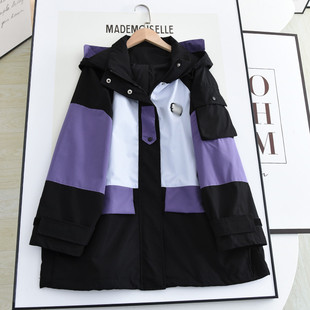 町の力荐！2021秋新款韩版宽松时尚撞色拼接工装风休闲连帽女