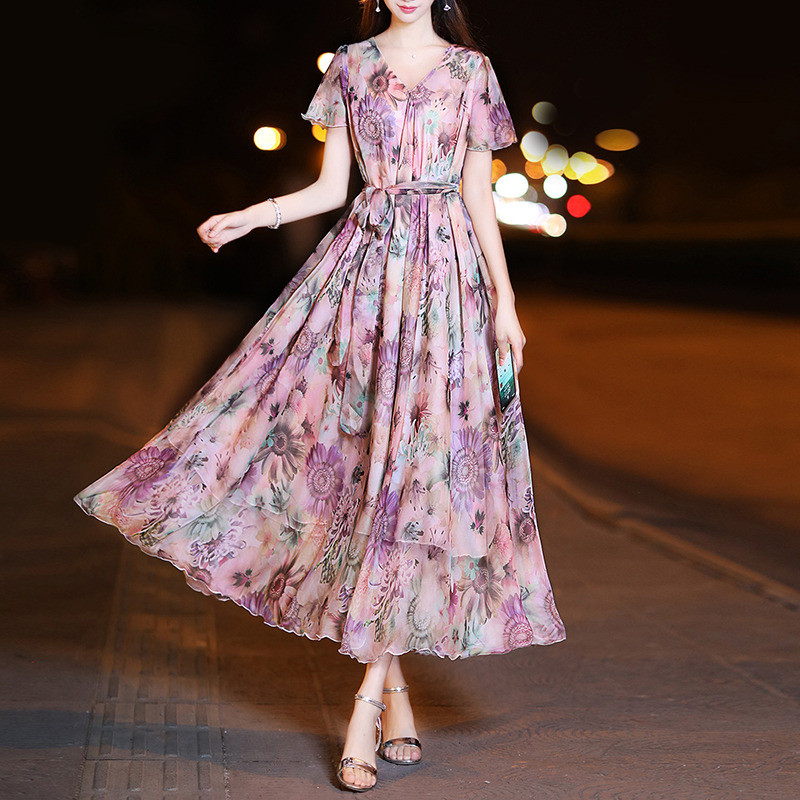 2025新款夏季女碎花雪纺春夏气质显瘦大码仙女裙度假裙