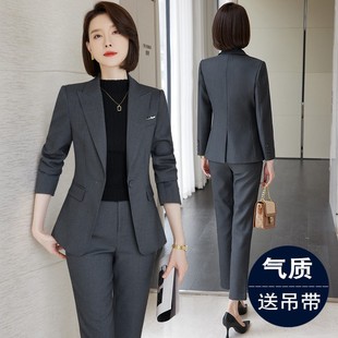 灰色女秋冬季通勤经理主持人正装工作服气质销售职业套装