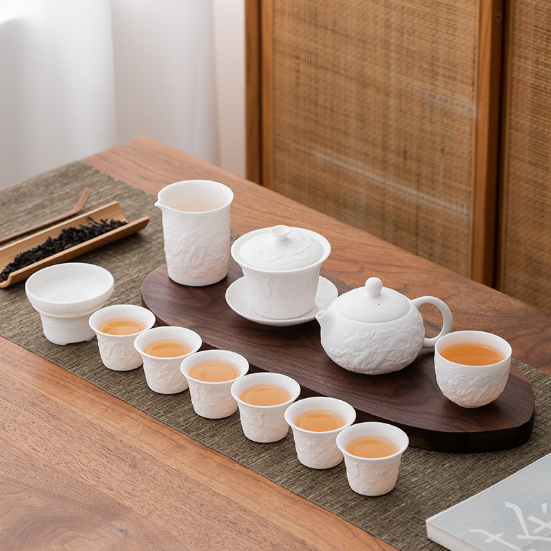 羊脂玉瓷浮雕茶具套装家用办公泡茶壶盖碗茶杯陶瓷高档轻奢送礼