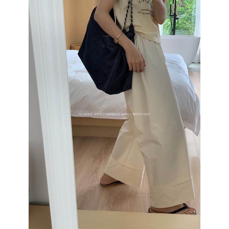 翻边阔腿裤女2023新款夏季日系慵懒坠感直筒休闲宽松卷边长裤