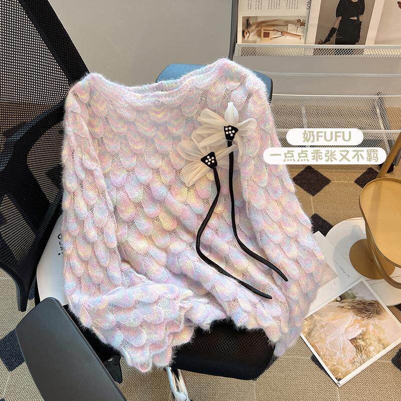 宽松大码胖mm300斤女冬季渐变慵懒小众立体花朵奶系软糯毛衣