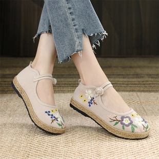 新款 棉麻老北京布鞋 平底民族风配汉服绣花鞋 女复古文艺圆头渔夫鞋