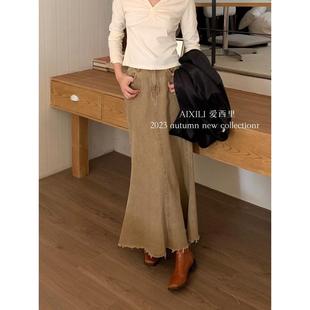 爱西里秋季新款韩版包臀鱼尾牛仔小众洋气显瘦