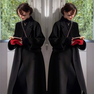 黑色双面大衣女2024新款秋冬韩系腰带中长款宽松毛呢