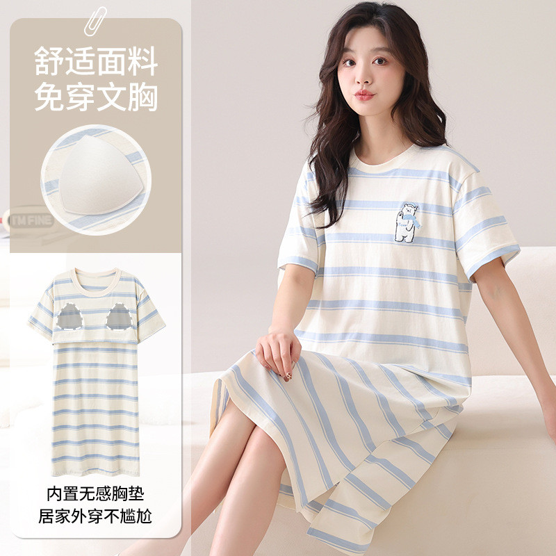 纯棉带胸垫睡裙女夏季睡衣女夏天薄款女士卡通甜美睡衣连衣裙外穿