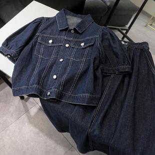 小个子套装！纯棉百搭短款牛仔衬衫显瘦A字两件套女