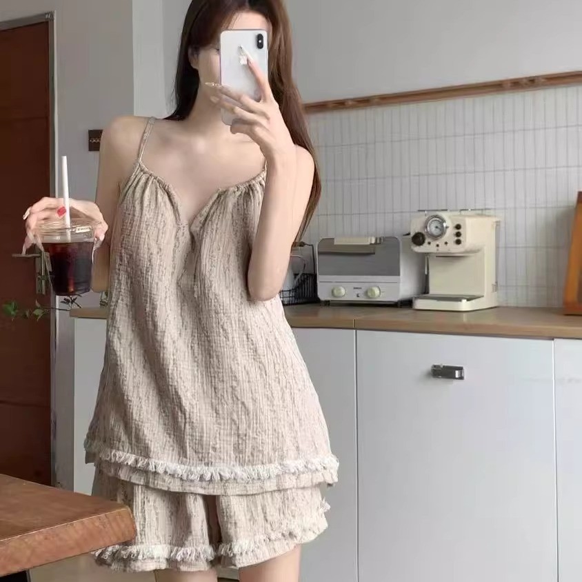 新品带胸垫睡衣女士夏季吊带薄款纯棉韩版ins甜美花边大码家居服