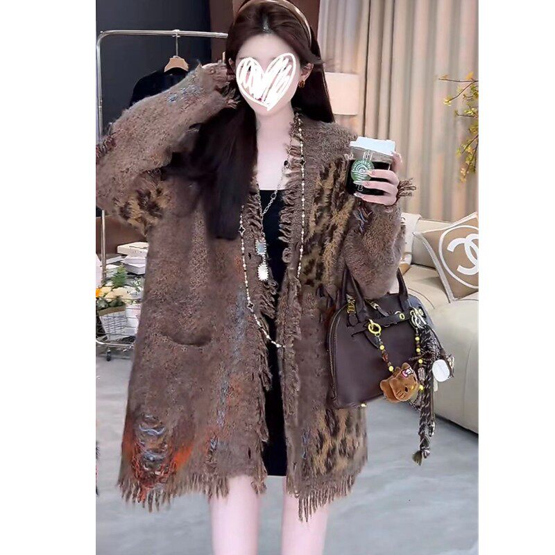 美式豹纹撞色V领宽松慵懒软糯毛衣女秋冬新款高级感开衫
