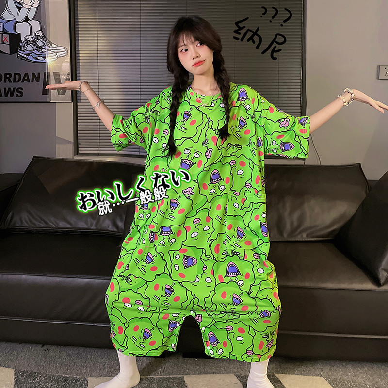 新品小酒窝连体睡衣女夏季短袖冰丝灵能百分百ekb搞怪抽象情侣睡