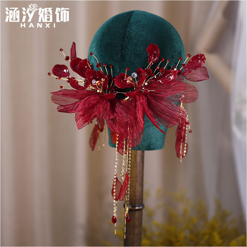 新款酒红绢纱花瓣流苏发夹新娘头饰跟妆盘发森系配饰,饰品/流行首饰/时尚饰品新,发饰,淘宝优惠券,粉丝福利购,淘宝优惠卷