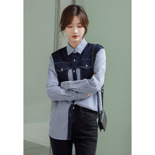 高级感条纹衬衫女拼接设计感小众新款2025年时尚洋气长袖牛仔衬衣