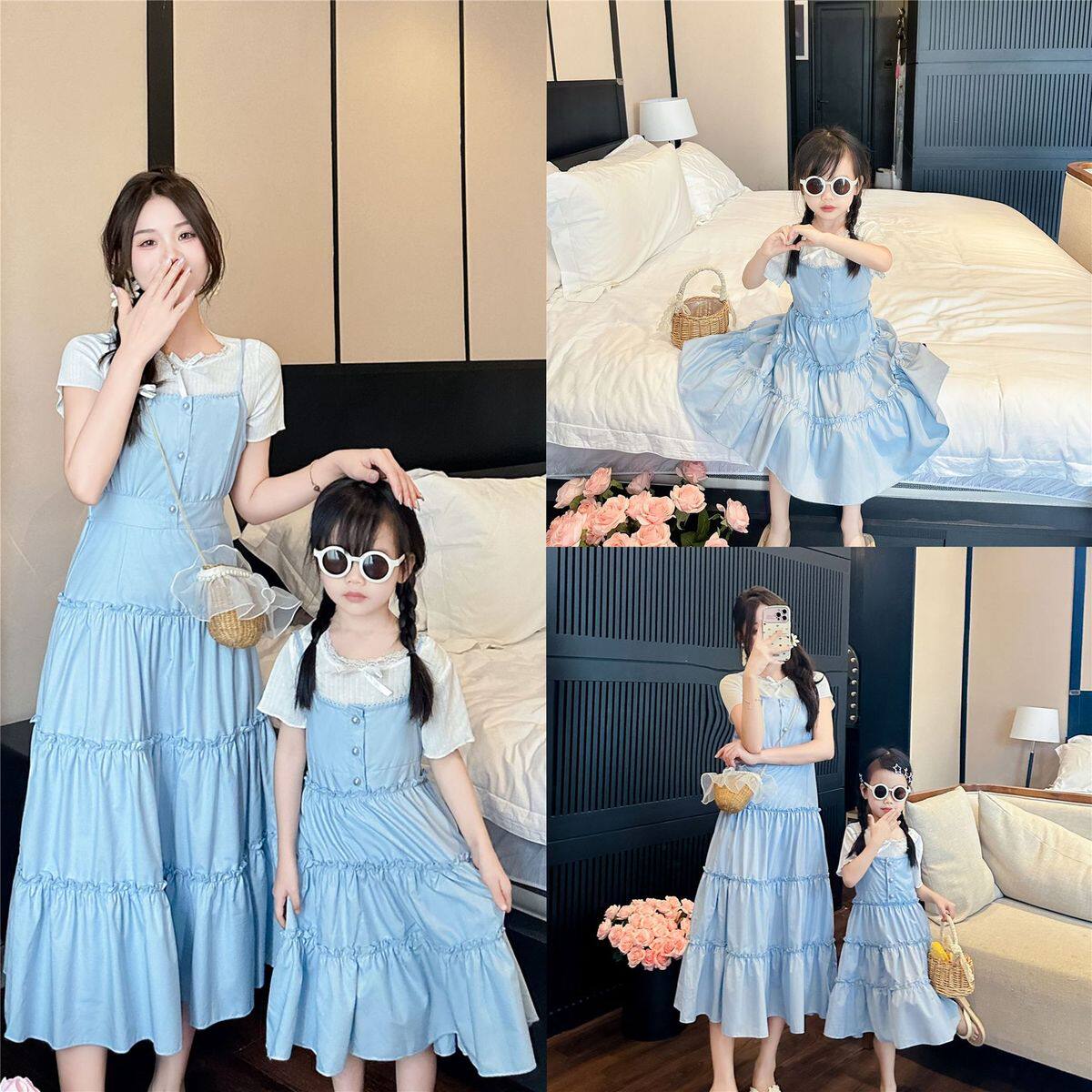 海边度假亲子装夏季蓝色法式优雅母女两件套裙