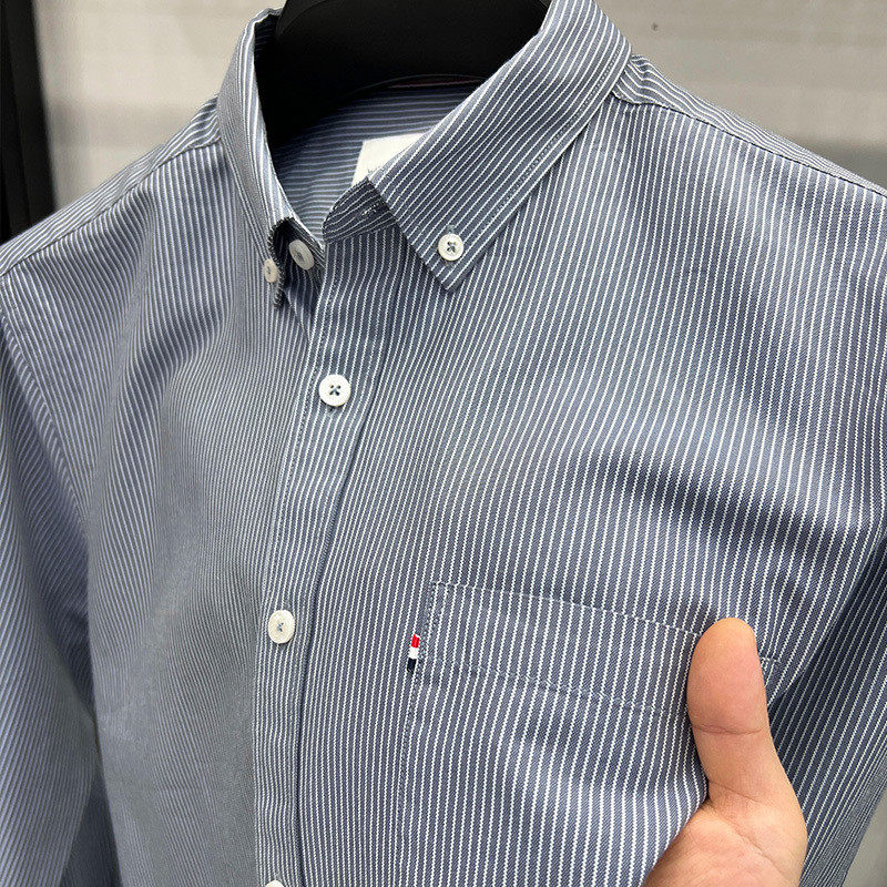 细条纹长袖衬衫男2024秋季新款商务休闲中年带口袋衬衣纯棉牛津纺