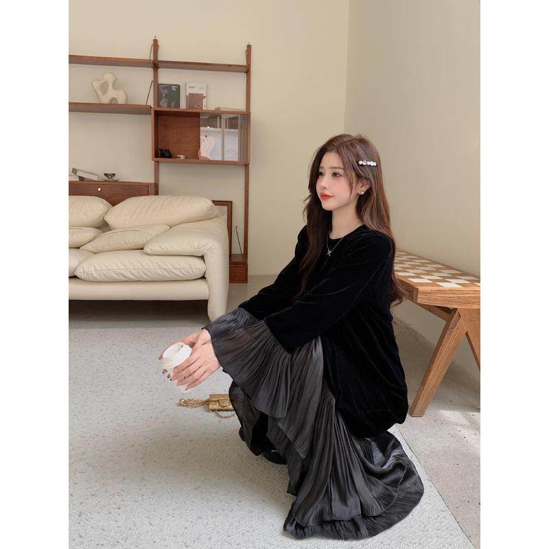 法式丝绒秋冬大码设计感喇叭袖拼接气质长款鱼尾女,女装/女士精品,连衣裙,淘宝优惠券,粉丝福利购,淘宝优惠卷