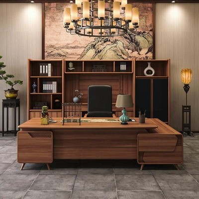 新中式实木老板办公桌简约现代大班台胡桃木高级感办公桌椅组合