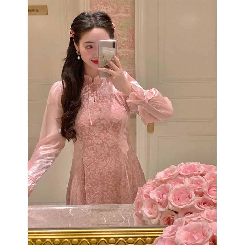 麓津《玫瑰软糖》粉色国风款丝绒少女温柔长袖子
