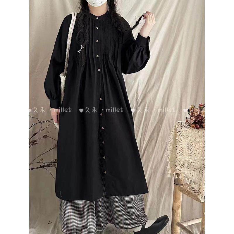 19612大码日系感圆领风琴压褶纱卡全棉风衣单排扣长衬衫裙女