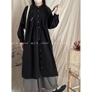 19612大码日系感圆领风琴压褶纱卡全棉风衣单排扣长衬衫裙女
